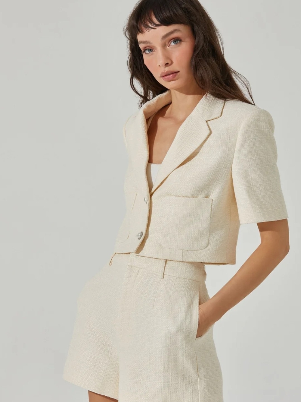 ASTR Siarah Cream Tweed Cropped Jacket, XS